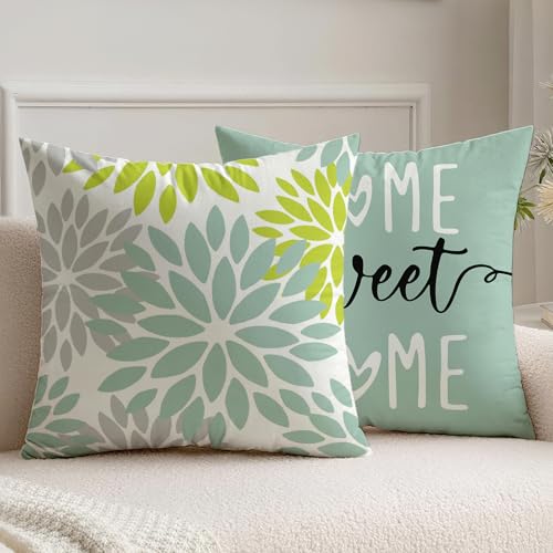 Vorysum 2er Set Kissenbezüge 45x45 cm Grün Dahlien Outdoor Kissen Modern Kissenbezug Blumen Dekorative Sofakissen Samt Optik für Garten Sofa Wohnzimmer Bett Doppelseitiges Muster von Vorysum