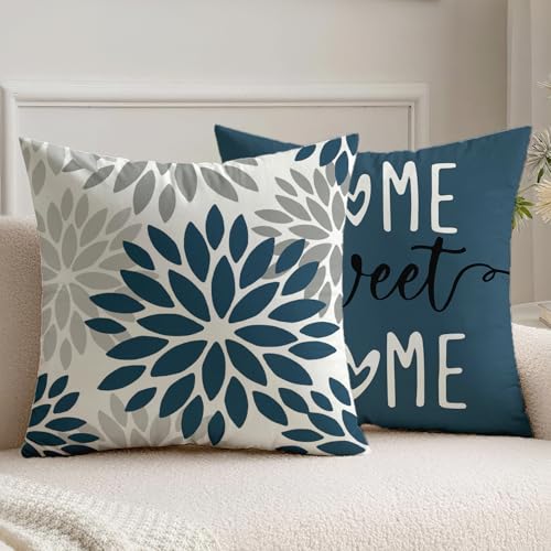 Vorysum 2er Set Kissenbezug 40x40 cm Dunkelblau Dahlien Outdoor Kissen Modern Kissenbezüge Blumen Dekorative Sofakissen Samt Optik für Garten Sofa Wohnzimmer Bett Doppelseitiges Muster von Vorysum