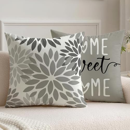 Vorysum 2er Set Kissenbezug 40x40 cm Grau Dahlien Outdoor Kissen Modern Kissenbezüge Blumen Dekorative Sofakissen Samt Optik für Garten Sofa Wohnzimmer Bett Doppelseitiges Muster von Vorysum