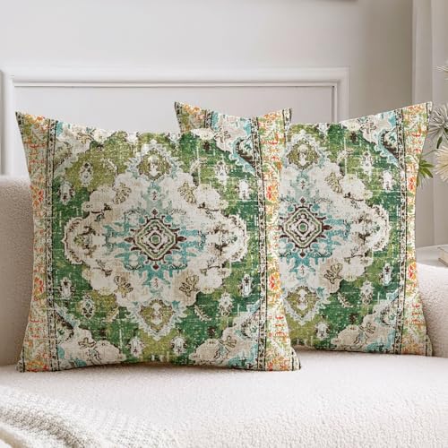 Vorysum 2er Set Kissenbezug 40x40 cm Grün Boho Kissenbezüge Abstrakte Deko Kissen Vintage Kissenhülle Doppelseitiges Muster Dekorative Samt Kissen für Garten Sofa Bett Kissenhüllen von Vorysum