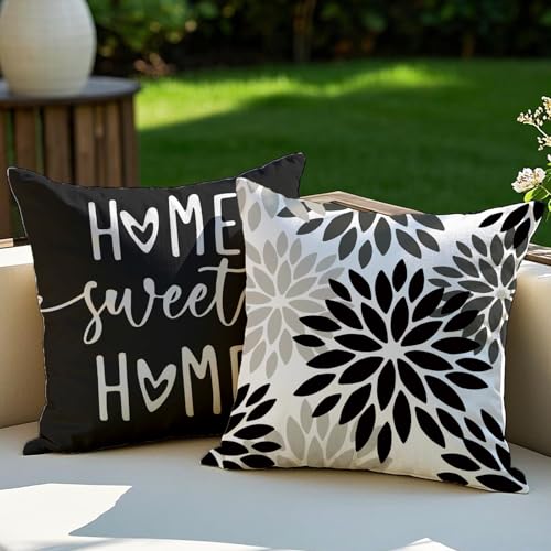 Vorysum 2er Set Kissenbezug 40x40 cm Schwarz Dahlien Outdoor Kissen Modern Kissenbezüge Blumen Dekorative Sofakissen Samt Optik für Garten Sofa Wohnzimmer Bett Doppelseitiges Muster von Vorysum
