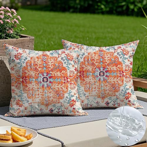 Vorysum 2er Set Wetterfest Kissenbezüge 40 x 40 cm Boho Outdoor Kissenbezug Abstrakte Deko Kissen Vintage Rot Kissenhülle Doppelseitiges Muster Kissen für Garten Sofa Bett Dekorative Kissenhüllen von Vorysum