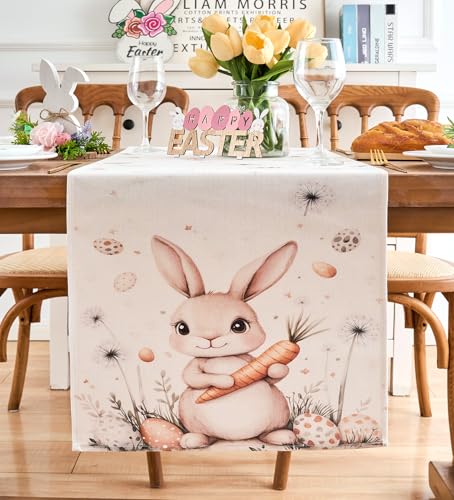 Vorysum Hasen Karotten Ostern Tischläufer Ostereier Löwenzahn Modern Tischläufer Waschbar Modern Frühling Küche Esstisch Dekoration für drinnen und draußen Urlaub Party Wohnzimmer Dekor 40 x 180 cm von Vorysum