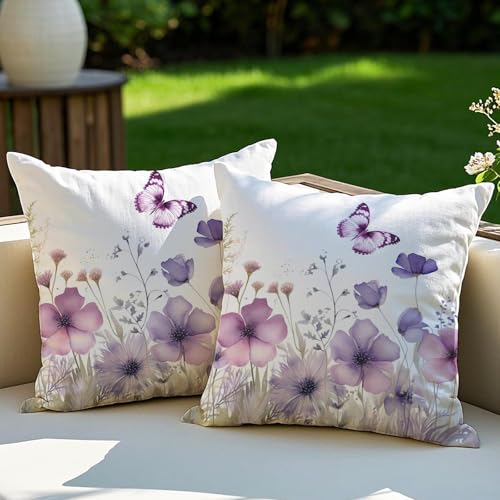 Vorysum 2er Set Outdoor Kissenbezug 40x40 cm Lila Blumen Dekokissen Wetterfest Kissen Sommer Modern Kissenbezüge für Garten Sofa Couch Wohnzimmer Schlafzimmer Doppelseitiges Muster von Vorysum