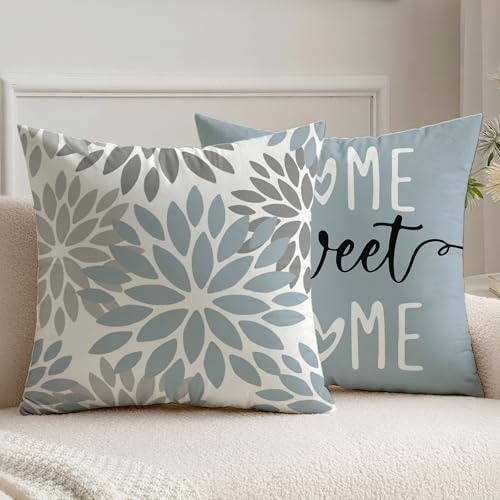 Vorysum Kissenbezug 50x50 cm 2er Set Blau Modern Outdoor Kissen Dahlien Kissenbezüge Blumen Dekorative Sofakissen Samt Optik für Garten Sofa Wohnzimmer Bett Doppelseitiges Muster von Vorysum