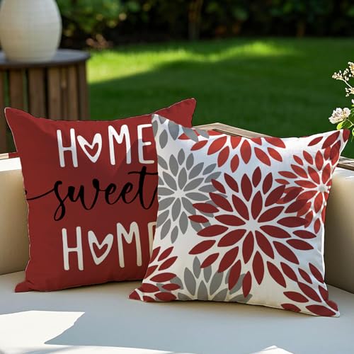 Vorysum Kissenbezug 50x50 cm 2er Set Rot Modern Outdoor Kissen Dahlien Kissenbezüge Blumen Dekorative Sofakissen Samt Optik für Garten Sofa Wohnzimmer Bett Doppelseitiges Muster von Vorysum