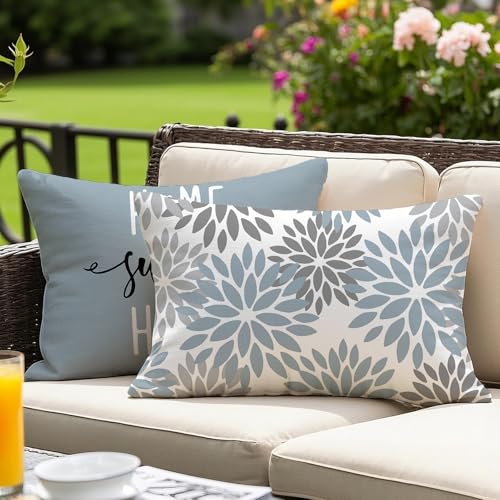 Vorysum Outdoor Kissen 30x50 cm 2er Set Blau Modern Kissenbezüge Dahlien Kissenbezug Blumen Dekorative Sofakissen Samt Optik für Garten Sofa Wohnzimmer Bett Doppelseitiges Muster von Vorysum