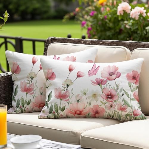 Vorysum 2er Set Outdoor Kissenbezug 30x50 cm Rosa Blumen Dekokissen Wetterfest Kissen Sommer Modern Kissenbezüge für Garten Sofa Couch Wohnzimmer Schlafzimmer Doppelseitiges Muster von Vorysum