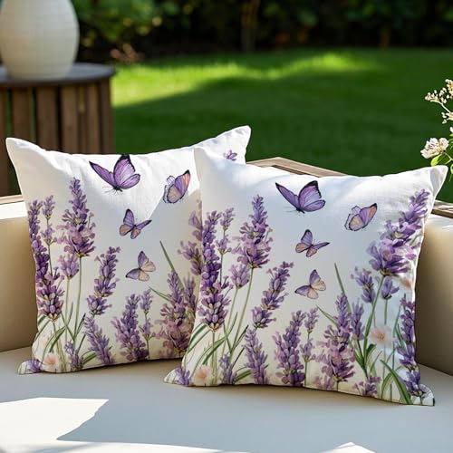 Vorysum 2er Set Outdoor Kissenbezug 40x40 cm Lila Blumen Dekokissen Wetterfest Kissen Sommer Modern Kissenbezüge für Garten Sofa Couch Wohnzimmer Schlafzimmer Doppelseitiges Muster von Vorysum