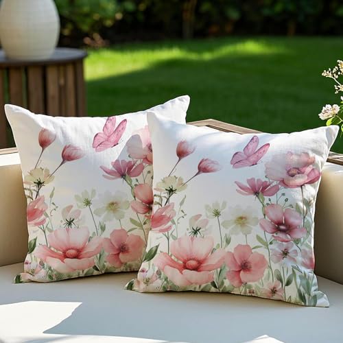 Vorysum 2er Set Outdoor Kissen Rosa Blumen Dekokissen Wetterfest Kissenbezug Sommer Modern Kissenbezüge für Garten Sofa Couch Wohnzimmer Schlafzimmer Doppelseitiges Muster 45x45 cm von Vorysum