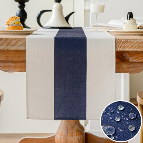 Vorysum Tischläufer Blau Modern Dekoration Tischläufer Wasserabweisend Leinen，Tischläufer Abwaschbar，Tischdecke Outdoor Sommer Garten für Hochzeit Esszimmer Party Urlaub (Navy Blau, 33 x 183 cm) von Vorysum