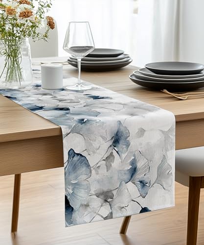 Vorysum Tischläufer Blau Modern Ginkgo Biloba Tischläufer Abstrakt Outdoor Tischläufer Leinen Tischläufer Tischmatten Deko Küche Esstisch Dekoration Drinnen Urlaub Party 40x140cm von Vorysum
