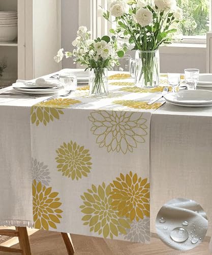 Vorysum Tischläufer Blumen Gelb Dahlien Modern Tischläufer Wasserabweisend Leinen，Dekoration Tischdecke Outdoor Sommer Garten für Hochzeit Esszimmer Party Urlaub Dekor 33 x 120 cm von Vorysum