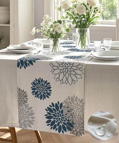 Vorysum Tischläufer Blumen Navy Blau Dahlien Tischläufer Modern Wasserabweisend Leinen，Dekoration Tischdecke Outdoor Sommer Garten für Hochzeit Esszimmer Party Urlaub Dekor 40 x 140 cm von Vorysum