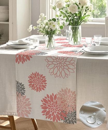 Vorysum Tischläufer Blumen Rosa Dahlien Tischläufer Modern Wasserabweisend Leinen，Dekoration Tischdecke Outdoor Sommer Garten für Hochzeit Esszimmer Party Urlaub Dekor 40 x 140 cm von Vorysum