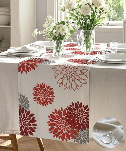 Vorysum Tischläufer Blumen Rot Dahlien Modern Tischläufer Wasserabweisend Leinen，Dekoration Tischdecke Outdoor Sommer Garten für Hochzeit Esszimmer Party Urlaub Dekor 33 x 120 cm von Vorysum
