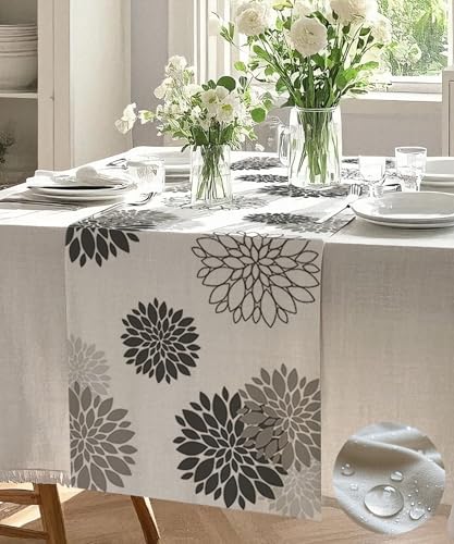 Vorysum Tischläufer Blumen Grau Dahlien Modern Tischläufer Wasserabweisend Leinen，Dekoration Tischdecke Outdoor Sommer Garten für Hochzeit Esszimmer Party Urlaub Dekor 40 x 140 cm von Vorysum
