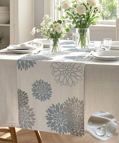 Vorysum Tischläufer Blumen Hellblau Dahlien Tischläufer Modern Wasserabweisend Leinen，Dekoration Tischdecke Outdoor Sommer Garten für Hochzeit Esszimmer Party Urlaub Dekor 33 x 183 cm von Vorysum