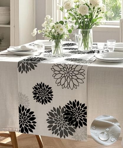 Vorysum Tischläufer Modern Blumen Schwarz Dahlien Modern Tischläufer Wasserabweisend Leinen，Dekoration Tischdecke Outdoor Sommer Garten für Hochzeit Esszimmer Party Urlaub Dekor 33 x 183 cm von Vorysum