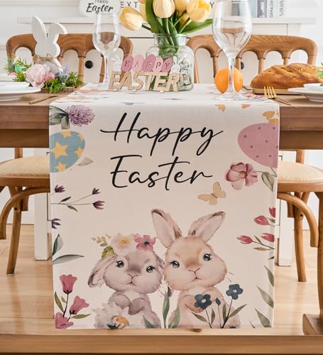 Vorysum Tischläufer Modern Hase Tischläufer Blumen Ostereier Frühling Ostertischläufer Esstisch Ostern Tischdeko Blume Festliche Tischmatten Läufer Set Für Esstisch Party 40 x 140 cm von Vorysum