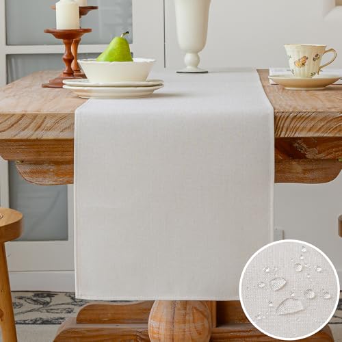 Vorysum Tischläufer Modern Tischläufer Wasserabweisend Leinen，Tischläufer Abwaschbar，Dekoration Tischdecke Outdoor Sommer Garten für Hochzeit Esszimmer Party Urlaub (Weiß, 40 x 140 cm) von Vorysum