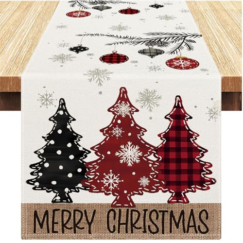 Vorysum Tischläufer Weihnachtsbaum Leinen Rot Schwarz Kariert Winter Schneeflocken 183x33 cm Tischläufer Grün Weihnachts Tischläufer Tischdecke Tischdeko Tisch Esstisch Deko Bunte Bälle（Beige） von Vorysum