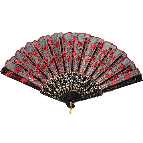 VOSAREA Spanischer Fächer Rot Schwarz - Damen eleganter Fächer Spanien Flamenco Handfächer aus Spitze mit Blumenstickerei für Hochzeit Karneval Abschlussball Party Kostüm von VOSAREA