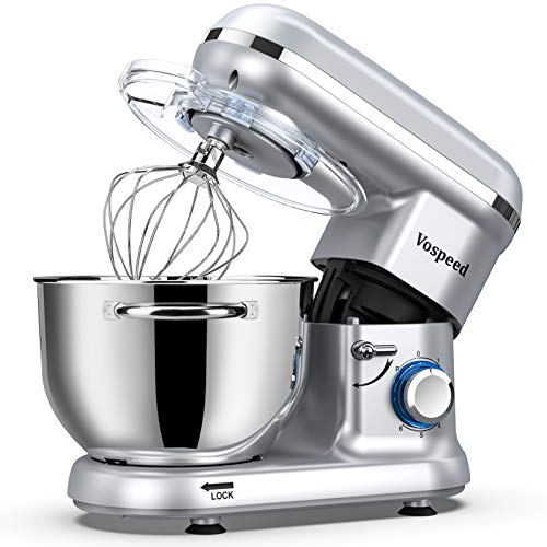 Küchenmaschine Knetmaschine zum Backen, Vospeed 1500W 10 Geschwindigkeit Elektrischer Küchenmixer mit 6QT Schüssel, Rührbesen, Haken, Schneebesen, Eiertrenner (Silber) von Vospeed