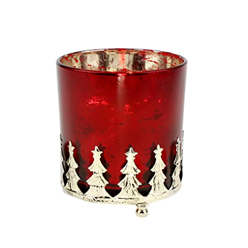 Wunderschönes hochwertiges Windlicht festes kompaktes Glas, außen rot und innen golden, das Glas steht in einem Metallgestell mit silbern Tannen und kleinen Füßen. Größe 10 x 11 cm rot/Gold/silber von Voß_1