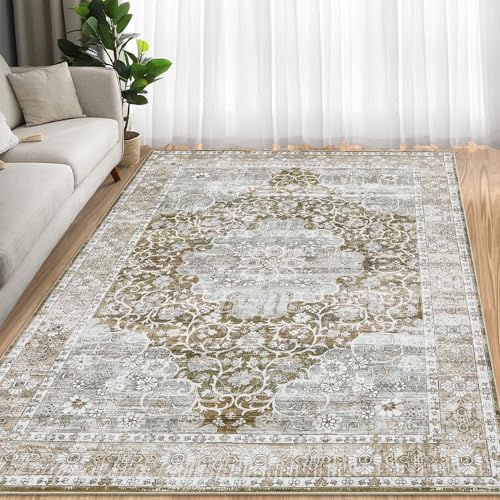 Vossfamul Orientalischer maschinenwaschbarer Teppich, 20,3 x 25,4 cm, Vintage-Teppich, Rutschfester Bodenteppich, leicht zu reinigen, für Schlafzimmer, Innenbereich, Büro, Heimdekoration, Khaki von Vossfamul