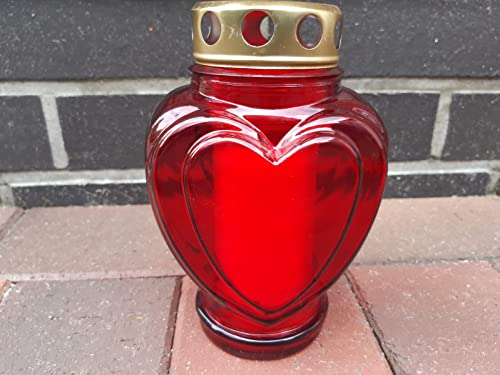 Grabkerze Trauerlicht Herz Form rot Gedenkkerze Grablampe Glas ca. 18cm hoch von Vosteen