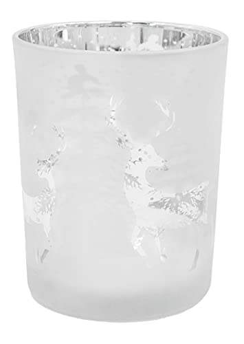 Vosteen Glas Windlicht Hirsch mit Tannenmotiv edel Tanne Winter Milchglas Teelichthalter Kerzenhalter Geschenkidee Rentier Elch Silber H=12,5cm D=10cm von Vosteen