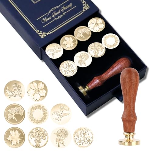 9 Stück Wachs-Siegel-Stempel-Set, Blumenstempel Botanical Sealing Stamper Kit, Holzgriff mit Messingkopf für Hochzeit Grußkarten Geschenk von Vosypoky