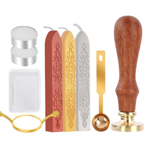 Stempel Siegelwachs Set, Wax Siegel Stempel Kit für Wachs Siegel mit 1 Siegelstempel, 3 Vintage-Wachsstäbchen, 1 Metall Wachs Siegel Form, 1 Löffel und 2 weiße Wachsstücke von Vosypoky