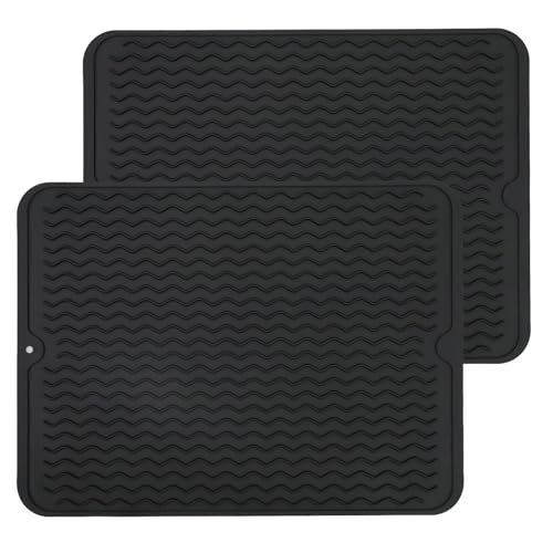 2 Stück Abtropfmatte Silikon, 30 x 40cm Schwarz Abtropfmatte Geschirr, Abtropfmatte Spüle, Hitzebeständig Rutschfest für Küchentheke Spüle Geschirr Trocknungs Matte von Votgutvo