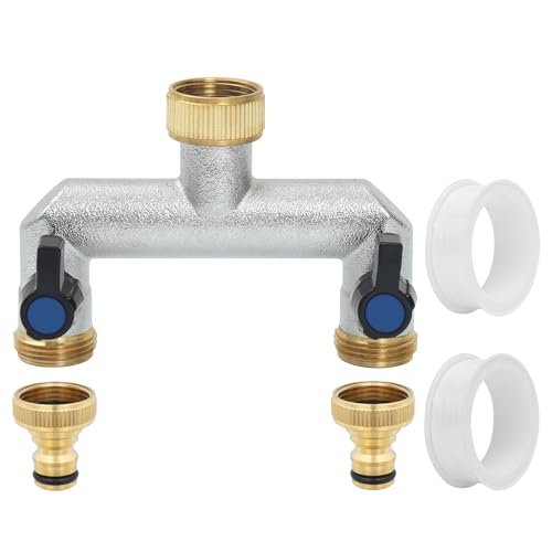 Votoko 2-Wege Wasserhahn Wasserverteiler, 3/4 Zoll Messing Wasseranschluss Verteiler, Schlauchverteiler 2fach mit 2 Individuellem Kugelhahn und 2 Adapter 1/2 zoll, für Gartenschläuche, Geräte von Votoko
