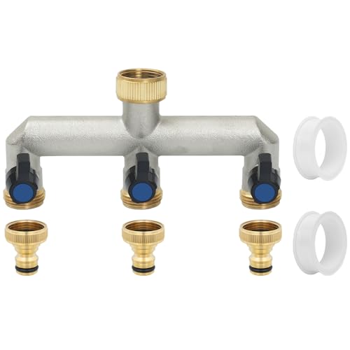 Votoko 3-Wege Wasserhahn Wasserverteiler, 3/4 Zoll Messing Wasseranschluss Verteiler, Schlauchverteiler 3fach mit 3 Individuellem Kugelhahn und 3 Adapter 1/2 zoll, für Gartenschläuche, Geräte von Votoko