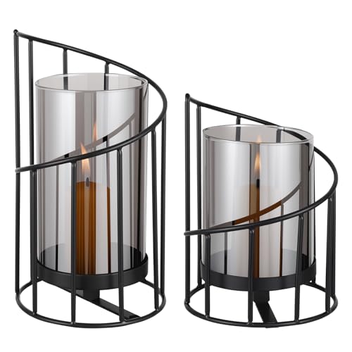 Votoko Kerzenhalter Metall Windlicht 2 Stück, Kerzenhalter aus Glas, Glaszylinder Mit Metall Boden Für Deko Wohnzimmer Modern, Windlicht Outdoor, Tischdekoration Kerzenständer(Spirale) (Schwarz) von Votoko