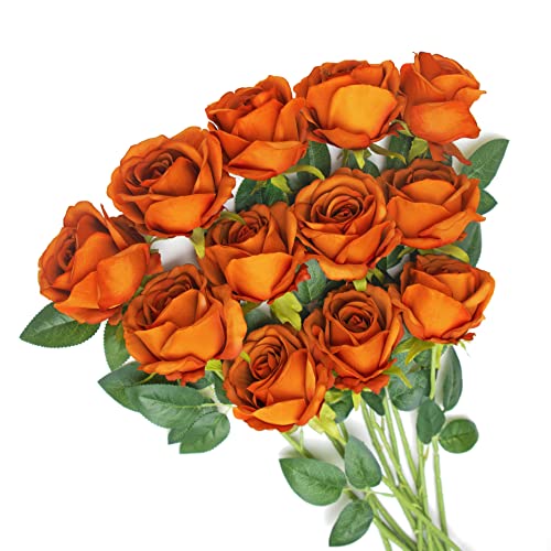 Voumanillor Künstliche Blumen, 12 Stück, orangefarbene Rosen, künstliche Blumen, realistische Seidenrosen mit langem Stiel für Party, Büro, Zuhause, Hochzeitsdekoration (gebranntes Orange) von Voumanillor