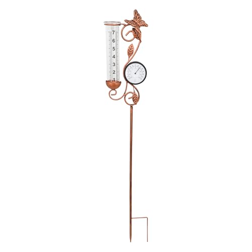 Voumsil Regenmesser Außen Kupfer Schmetterling Regenmesser mit Thermometer zur Niederschlagsmessung Gartendekoration (Kupferfarbenes Schmetterlingsthermometer) von Voumsil