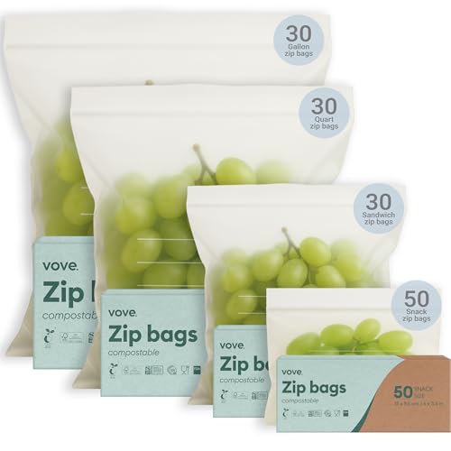 Vove | Pflanzenbasierte kompostierbare Zip-Lock-Tüten | 100 Beutel | Wiederverschließbar, Bio und Umweltfreundlich | Zip-Gefrierbeutel | Beutel für Sandwiches, Snacks und Gemüse | Plastikalternative von Vove