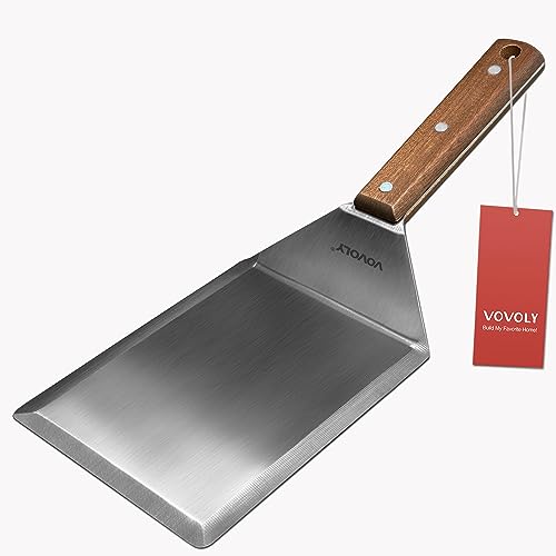 Extra breiter Pfannenwender, großer Metallspatel mit Holzgriff und abgeschrägten Kanten für Bratpfannen, Grillplatten und Grills, Pfannkuchenwender, Smash Burgers-Spatel, 15,2 x 12,7 cm von Vovoly