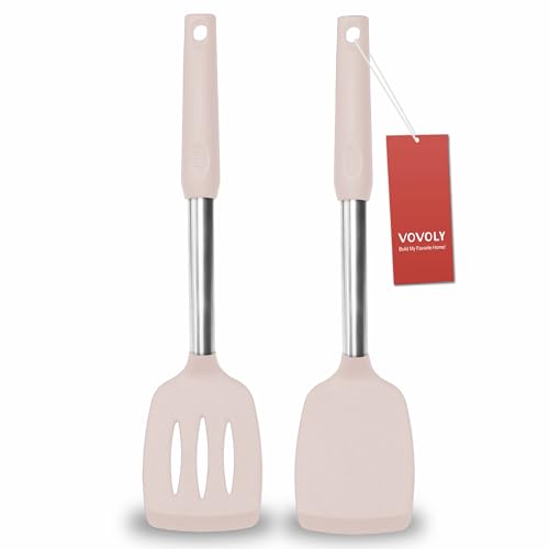 Pfannenwender, massives und geschlitztes Silikon-Spatel-Set, Edelstahlgriff mit Silikon beschichtet, antihaftbeschichtet, hitzebeständig, BPA-frei, Gummi-Spatel für Fisch, Eier, Pfannkuchen, Wok, von Vovoly