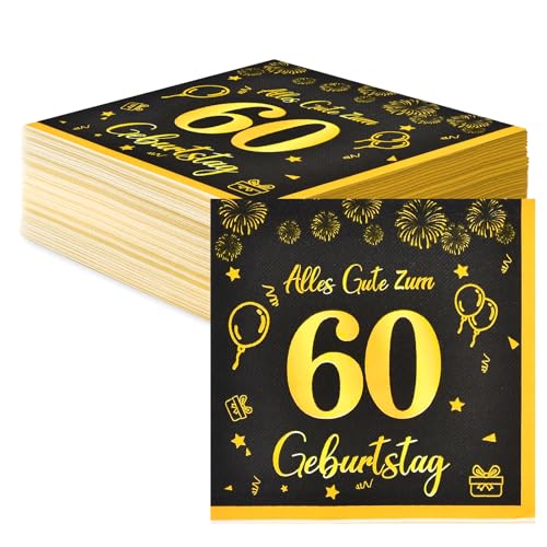 Servietten 60 Geburtstag Deko,Happy Birthday Servietten Schwarz Gold Tischdeko Geburtstag Für 60. Geburtstag Mann Frau,40 Stk Geburtstag Papier Servietten Decorations 33x33cm von Voxisroma