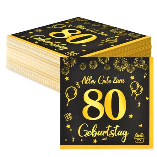 Servietten 80 Geburtstag Deko,Happy Birthday Servietten Schwarz Gold Tischdeko Geburtstag Für 80. Geburtstag Mann Frau,40 Stk Geburtstag Papier Servietten Decorations 33x33cm von Voxisroma