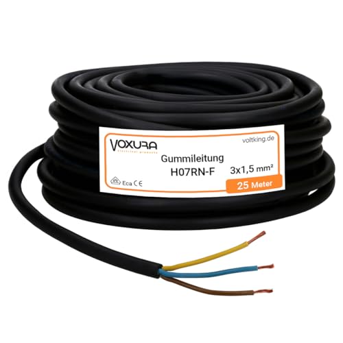 Voxura H07RN-F 3x1,5 mm² 25 Meter Gummileitung flexibel mit Schutzleiter 3G1,5 UV-resistent ölbeständig für Außenbereich Campingkabel Baustellenkabel Voxura H07RN-F 3x1,5 mm² 25 Meter Gummileitung flexibel mit Schutzleiter 3G1,5 UV-resistent ölbeständig für Außenbereich Campingkabel Baustellenkabel von Voxura