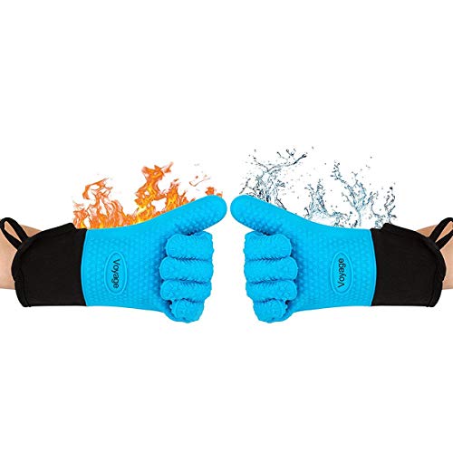 VOYAGE Premium Ofenhandschuhe (2er Set) bis zu 350°C - Silikon Extrem Hitzebeständige Grillhandschuhe BBQ Handschuhe zum Backen, Barbecue, Extra lange Topfhandschuhe für extreme Sicherheit (Blau) von Voyage