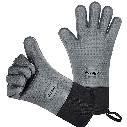 VOYAGE Premium Ofenhandschuhe (2er Set) bis zu 350 °C - Silikon Extrem Hitzebeständige Grillhandschuhe BBQ Handschuhe zum Kochen, Barbecue Extra lange Topfhandschuhe für extreme Sicherheit (Grau) von Voyage