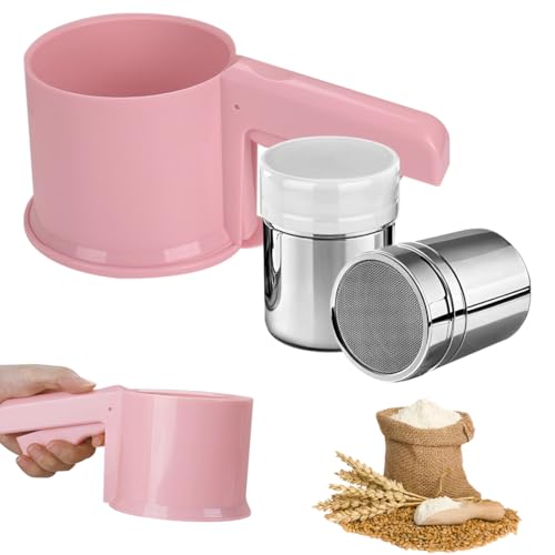 Mehlsieb mit Küchensieb Fein Kakao, Plastik und Rostfrei Spitzsieb für alle Siebmaschen, Mehlsieb Edelstahl Pink zum Sieben von Zucker, Mehl und Anderen Trockenen Zutaten von Voyyphixa