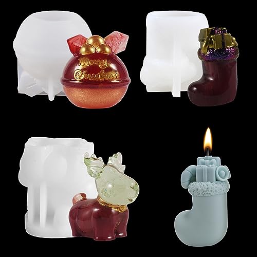 Voyyphixa 3 Stück Kerzenformen zum GieBen Silikon Weihnachten 3D Glocken Socken Rentier Silikonformen Epoxidharz Silicone Candle Mold für Duftkerzen, Seifen, Süßigkeiten (Chrismas Molds) von Voyyphixa